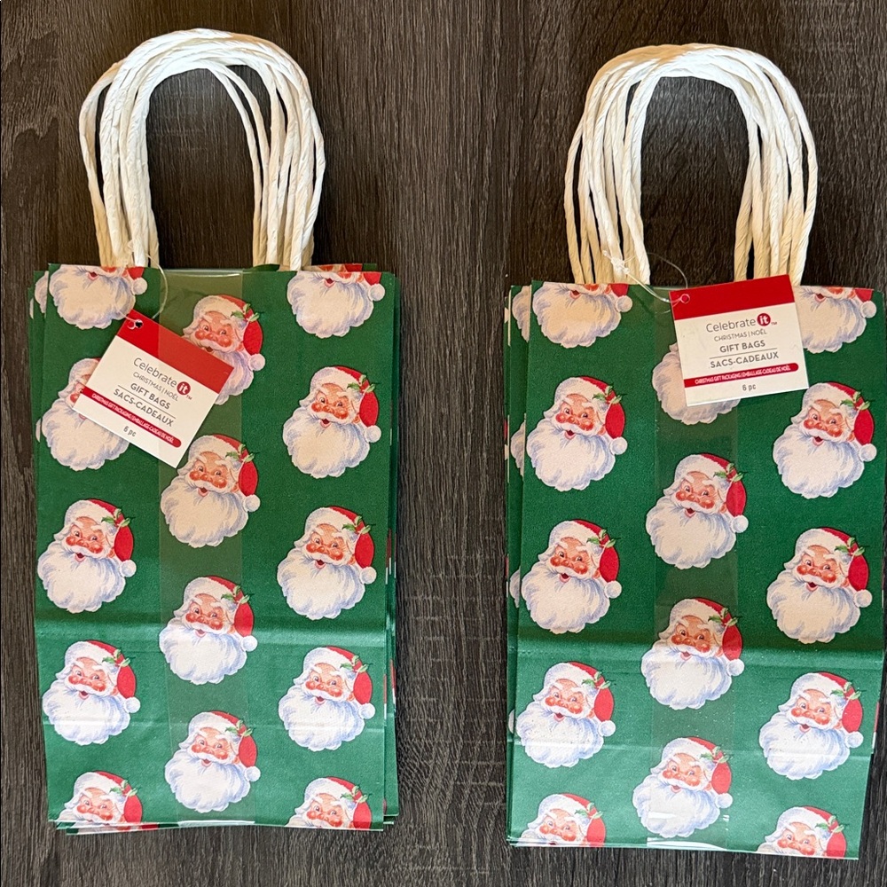 Santa Print Green Gift Bags - 2 Sets of 6
